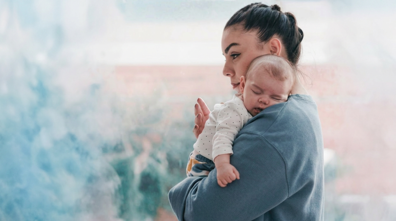 Mother holding her sleeping baby — postpartum mental health care in Nashville, TN